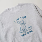 A gray sweatshirt with a graphic design depicting a dog smoking a cigarette and holding a cup of coffee, accompanied by the text 