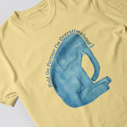 A yellow t-shirt with a blue elephant graphic and text that reads 