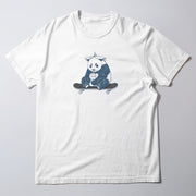 A white t-shirt with a graphic design of a panda sitting on a skateboard.
