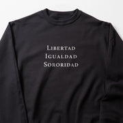 A black sweatshirt with white text printed on it.
