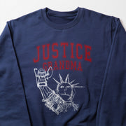 A navy blue sweatshirt with a red and white graphic design featuring the text 