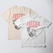 Two t-shirts with the same design featuring a figure holding a book and the text 