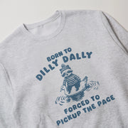 A gray sweatshirt with a blue graphic design depicting a cartoon raccoon riding a duck and the text 