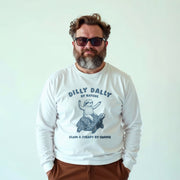 A man wearing a white long-sleeved shirt with a graphic of a sloth and the text 