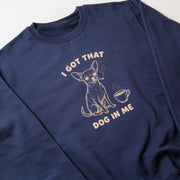 A navy blue sweatshirt with a graphic design depicting a dog holding a cup of coffee and the text 