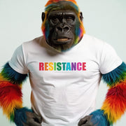 A person wearing a white t-shirt with the word 