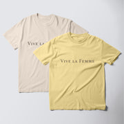 two t-shirts, one in a light beige color and the other in a bright yellow color, both with the text 