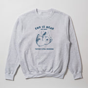 A gray sweatshirt with a graphic design on the front, depicting a cat with a caption that reads 