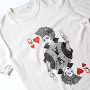 A white t-shirt with a graphic design depicting a woman with spiky hair and a crown, holding a red heart and a beer bottle.